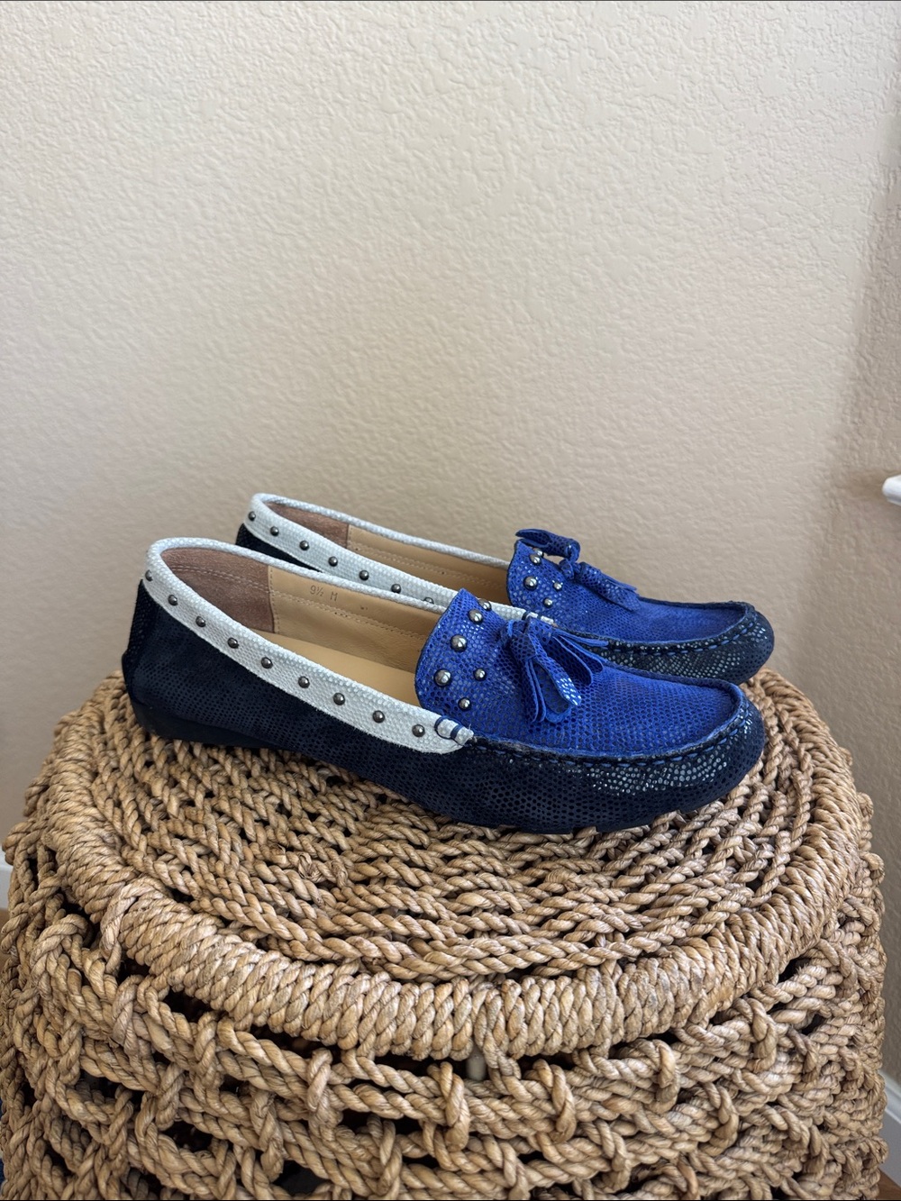 Van Eli Blue and Navy Studded Tassel Slip-On Loafers